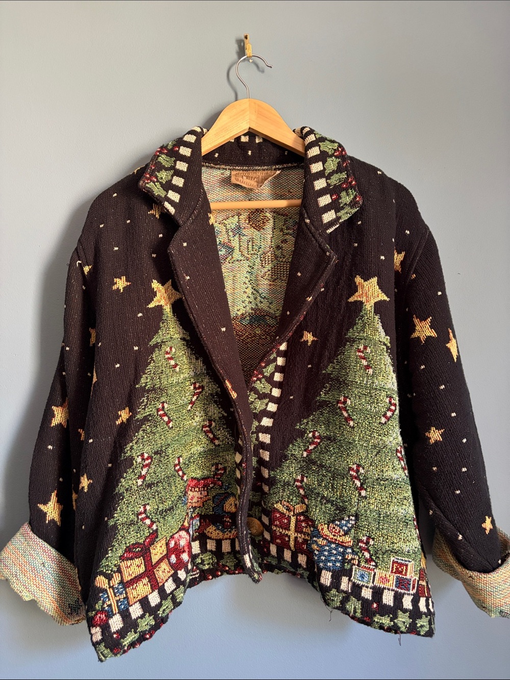 Black Holiday Knit Blazer with Green Tree Motif